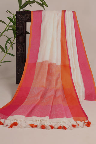Pure White Linen Saree with Pink and Orange Pallu