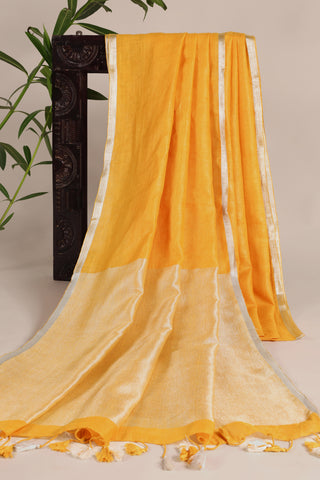 Yellow and Silver Pure Linen Saree