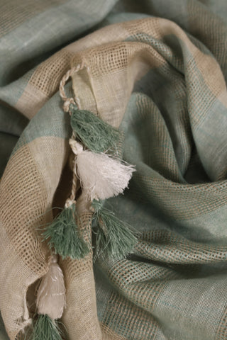 Sea Green and White Pure Linen Saree