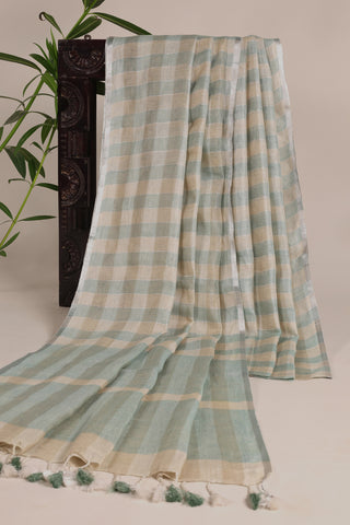 Sea Green and White Pure Linen Saree