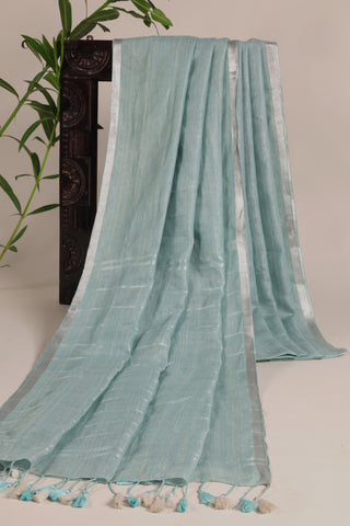 Sea Blue and Silver Pure Linen Saree