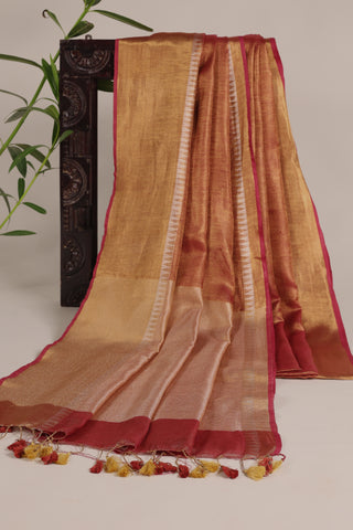 Copper Red and Gold Linen Tissue Saree