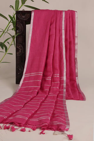 Magenta and Silver Pure Linen Saree