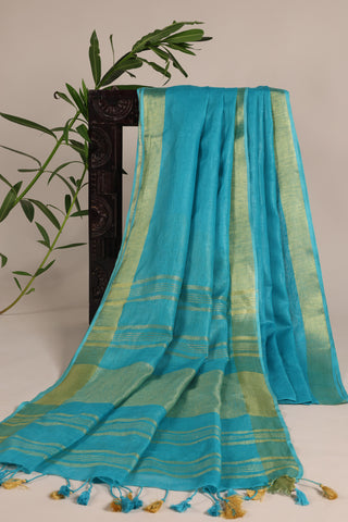Sea Blue and Gold Pure Linen Saree