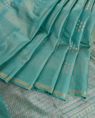 Sea green soft silk saree with dual zari check pattern and heavy brocade pallu