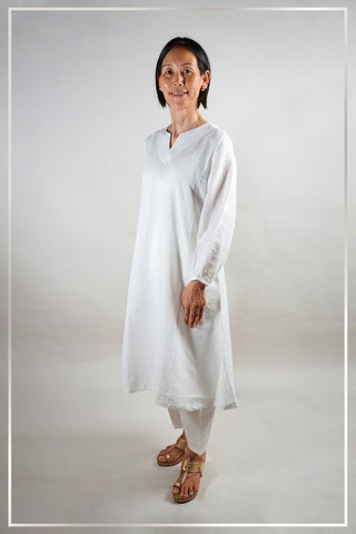 Solid White Linen Kurti and Pant Co-ord Set - Comfortable White Casual Wear