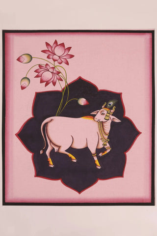 Hand-painted Pichwai painting of Dhenu with Lotus (Light pink)