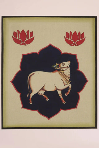 Hand-painted Pichwai painting of Kamdhenu with Lotus (Light green)