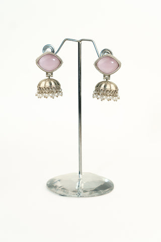 Handcrafted silver replica jhumka earrings with a polished pink stone stud and pearl drops along the dome
