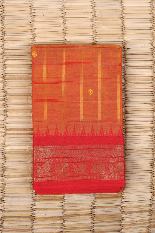 Orange Check Cotton Chettinad saree