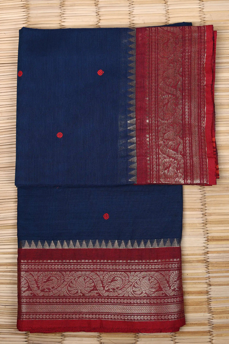 Dark Teal Blue Cotton Chettinad saree