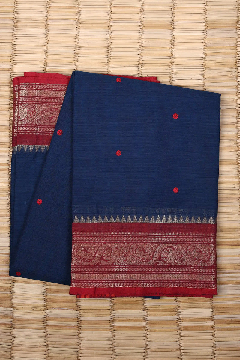 Dark Teal Blue Cotton Chettinad saree