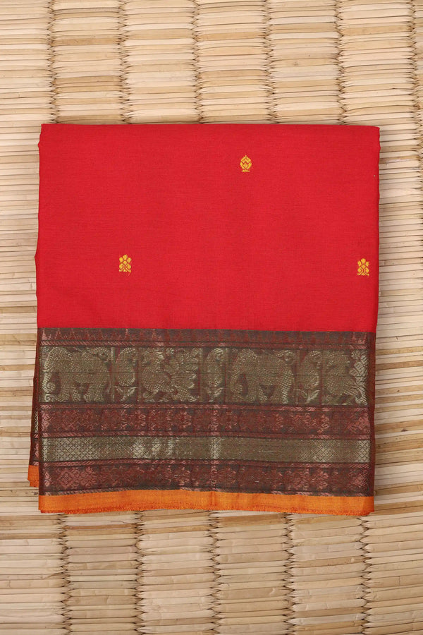 Bright Red Cotton Chettinad saree