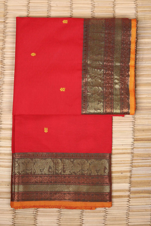 Bright Red Cotton Chettinad saree