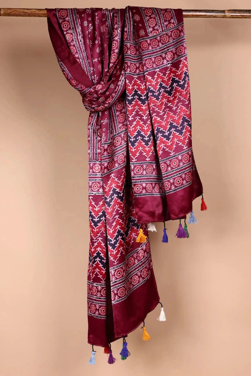 Maroon Ajrakh Satin Dupatta