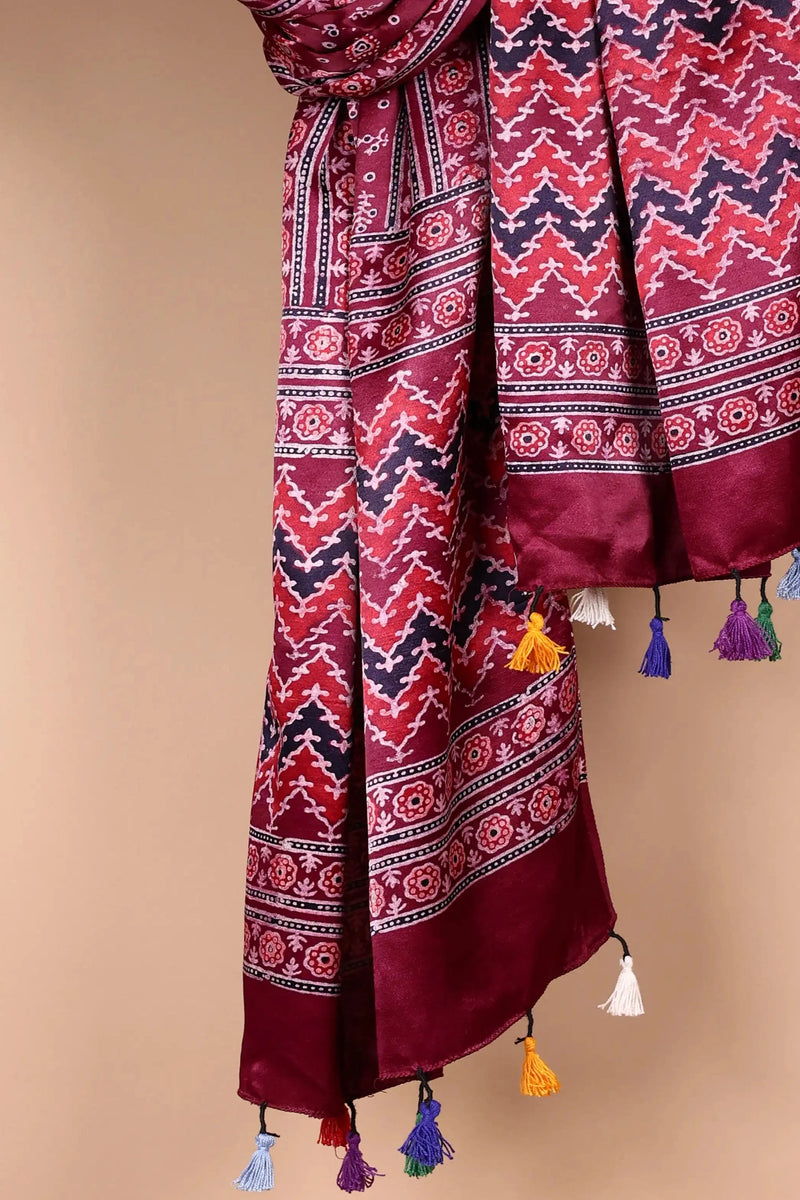 Maroon Ajrakh Satin Dupatta