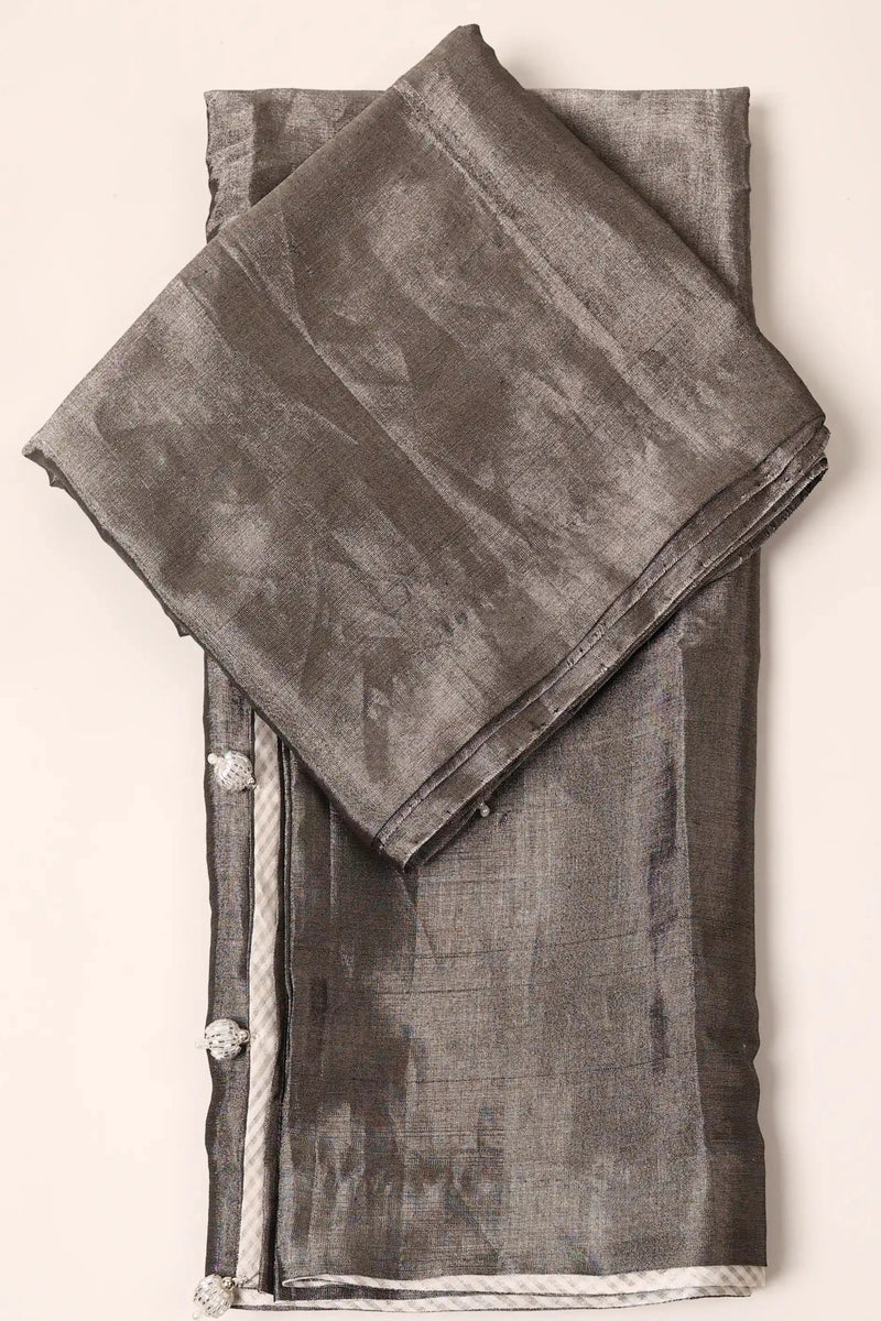 Plain Steel-Grey Chanderi Tissue Saree with Facing