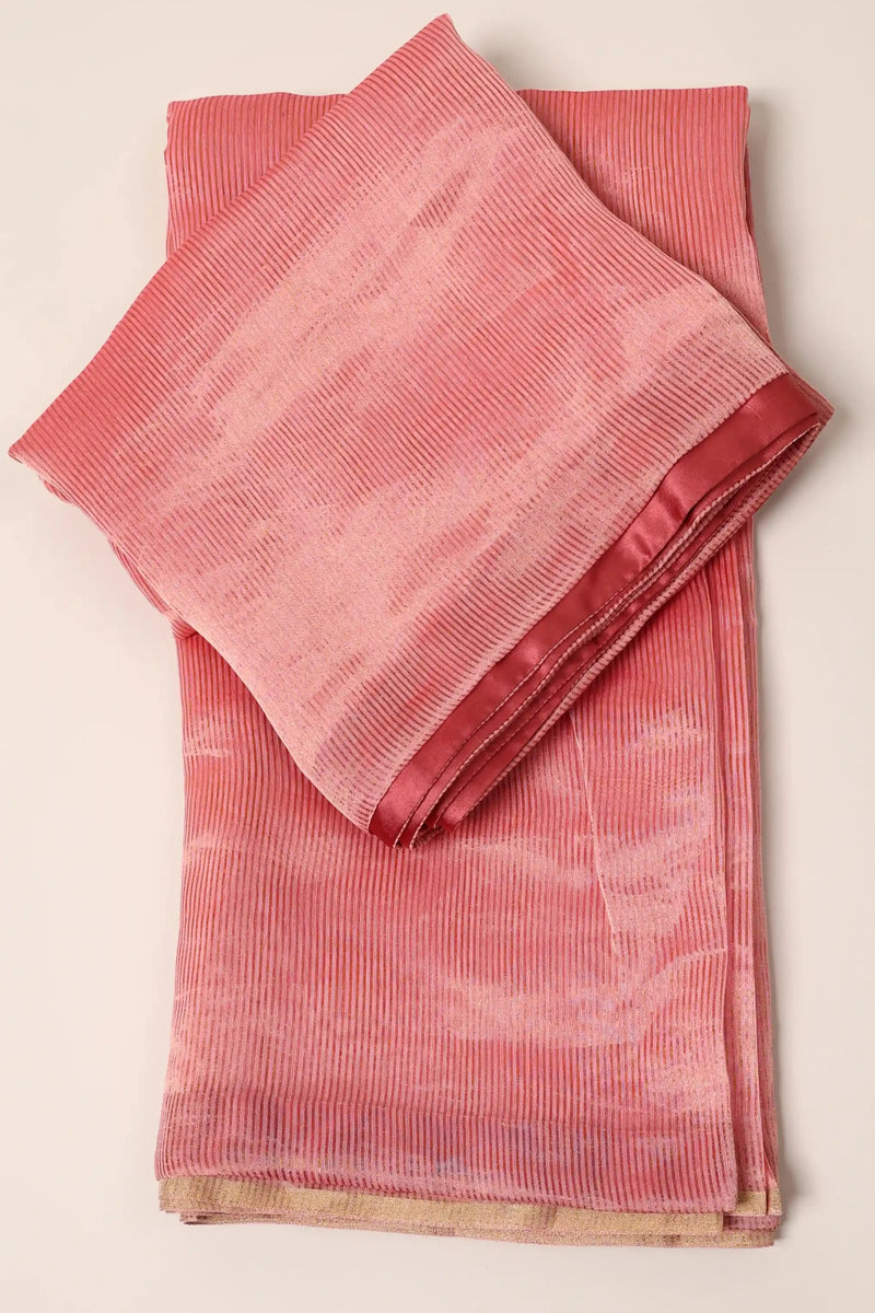 Peachy Pink Chanderi Tissue Saree with Golden Zari