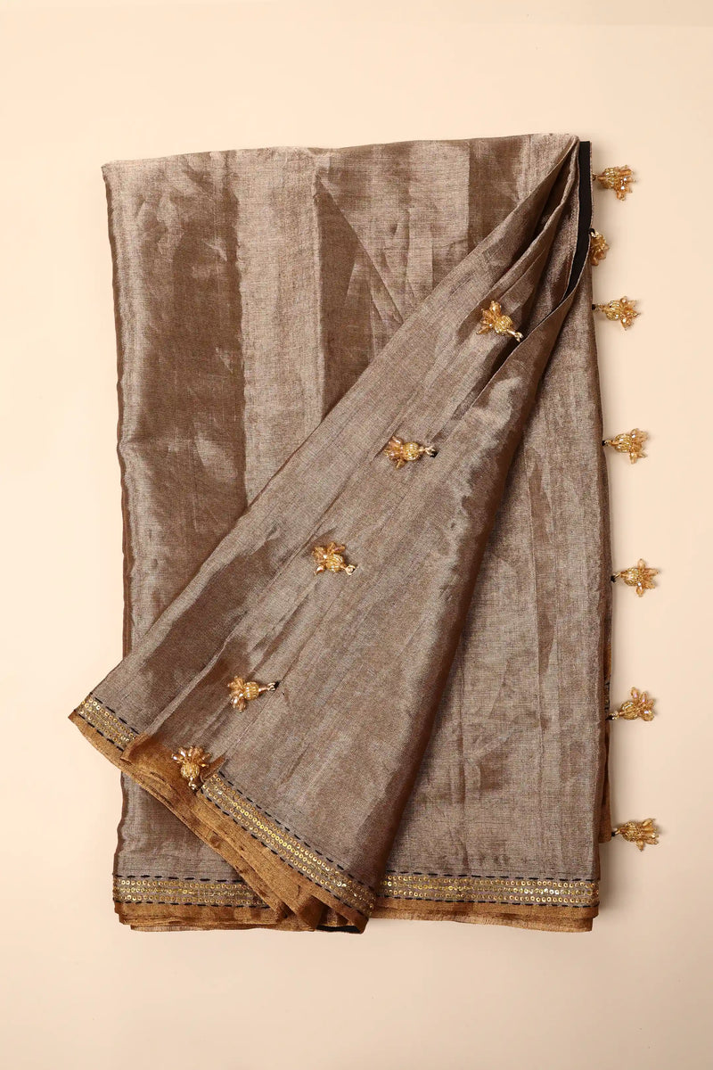 Grey with Gold Chanderi Tissue Saree