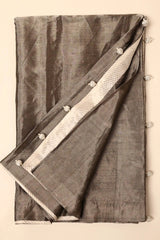 Plain Steel-Grey Chanderi Tissue Saree with Facing