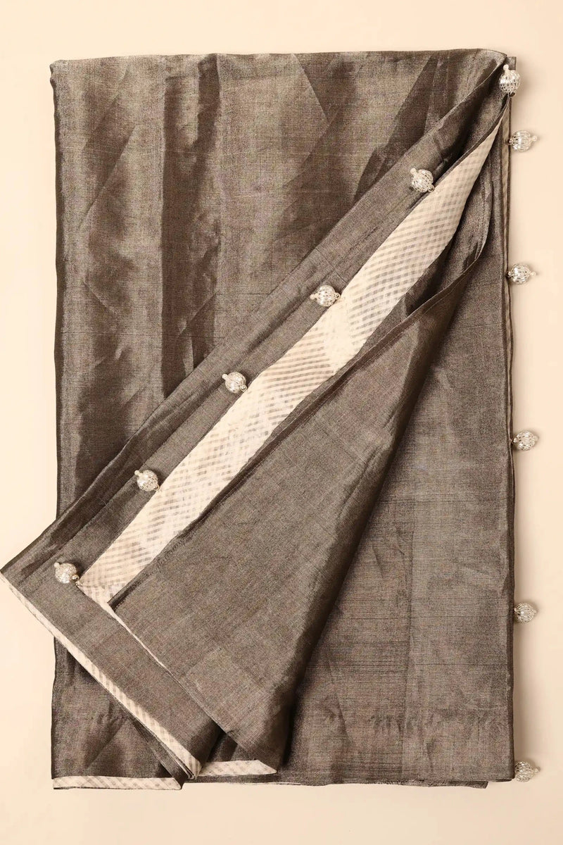 Plain Steel-Grey Chanderi Tissue Saree with Facing