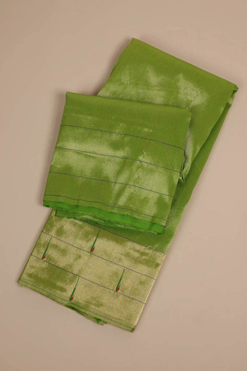 Parrot Green Handloom Silk Paithani Saree with Triple-muniya Border