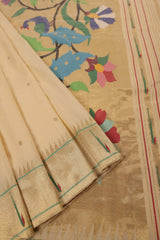 Cream Handloom Cotton Paithani Saree