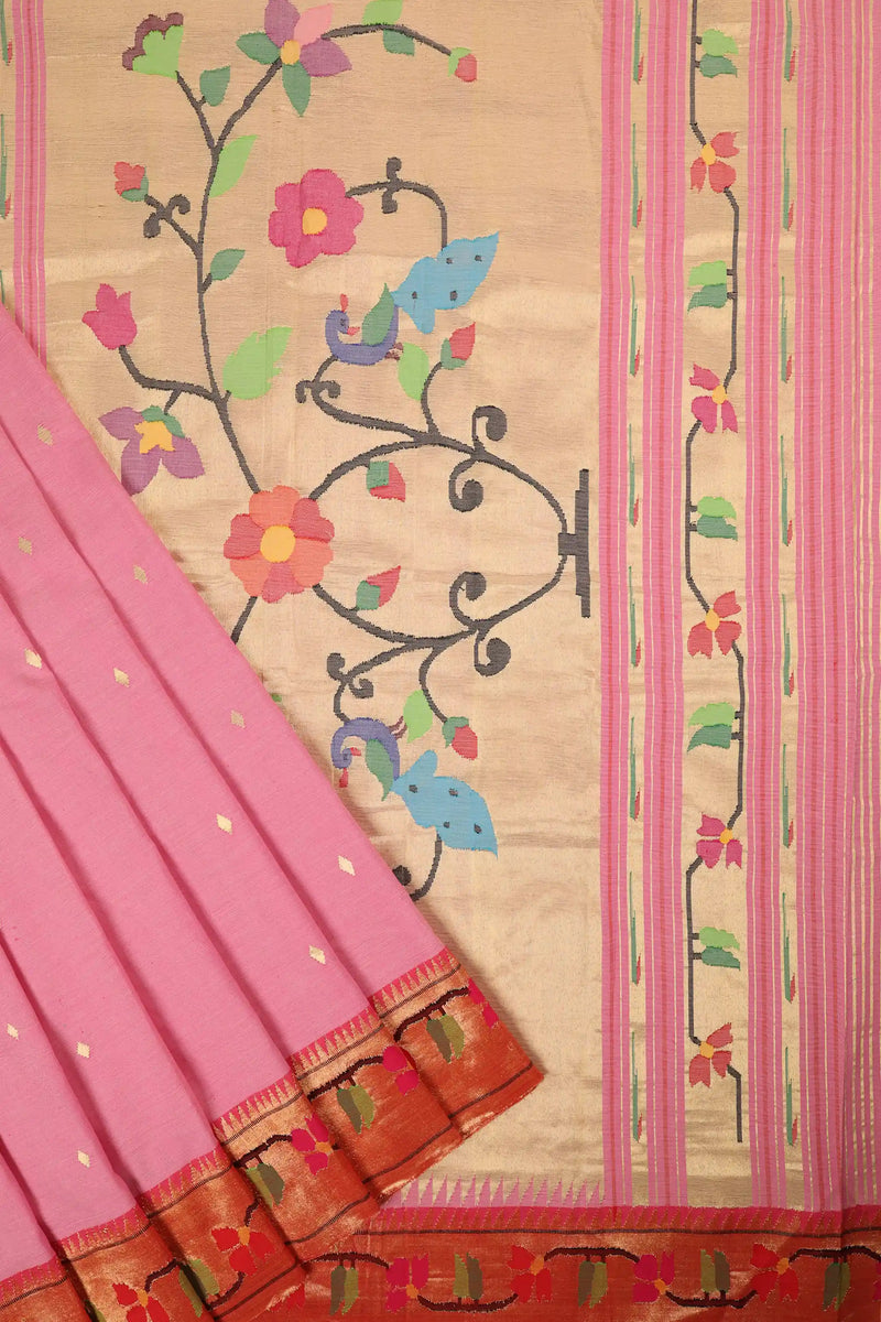 Light Pink Handloom Cotton Paithani Saree