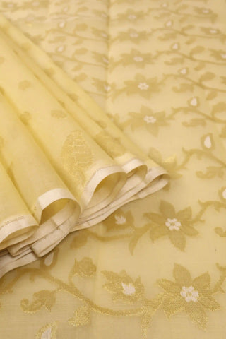 Lemon Yellow Jamdani Muslin Cotton Saree