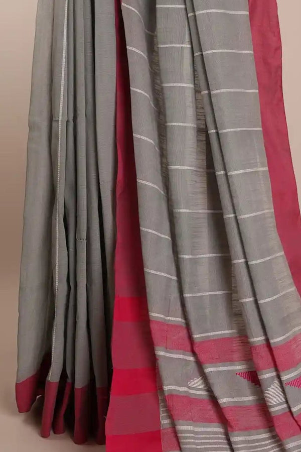 Grey & Pink Jamdani Handloom Cotton Saree