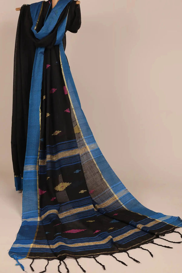 Black-Blue Jamdani Handloom Cotton Saree