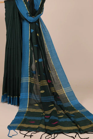 Bottle Green Jamdani Handloom Cotton Saree