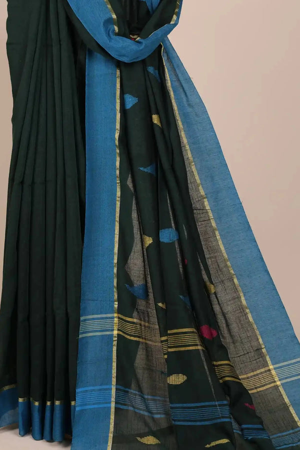 Bottle Green Jamdani Handloom Cotton Saree