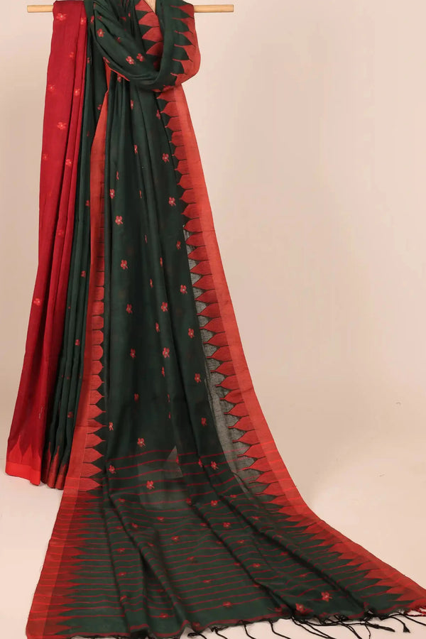 Dark Green Jamdani Handloom Cotton Saree