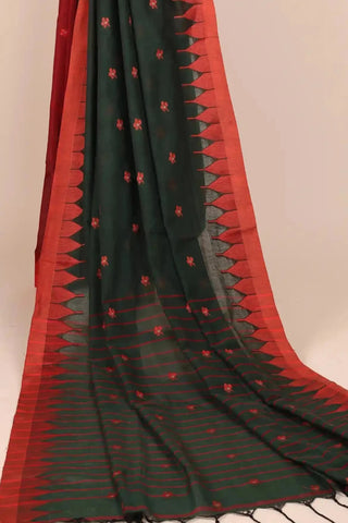 Dark Green Jamdani Handloom Cotton Saree