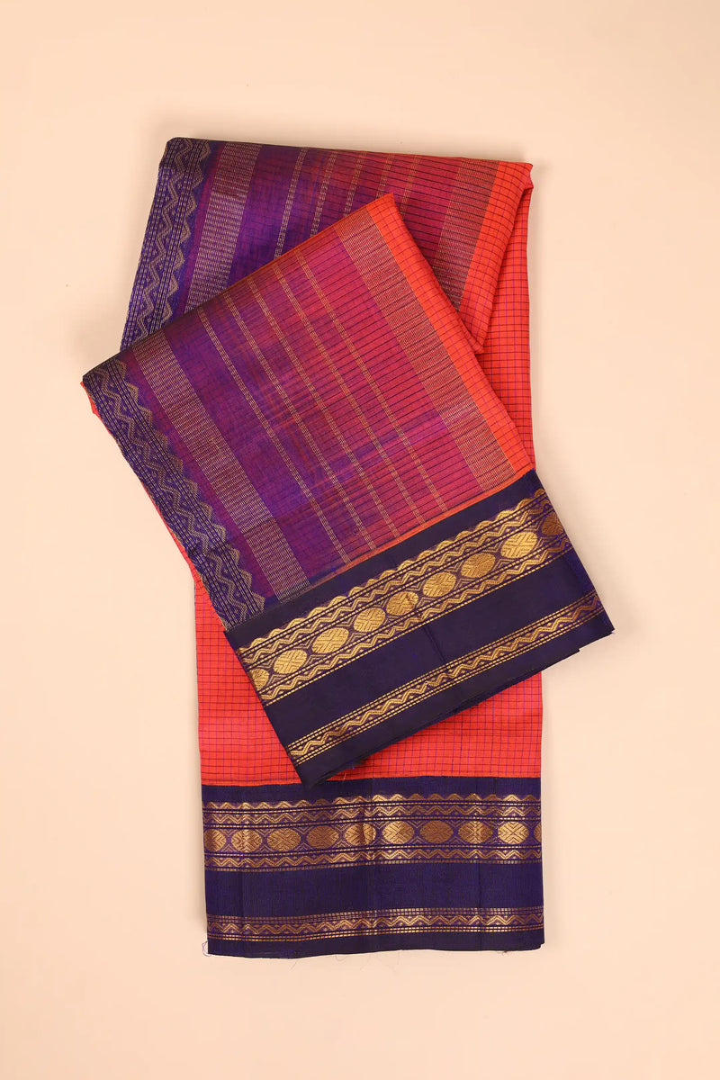 Orange-Pink Handwoven Silk Cotton Kanchipuram saree