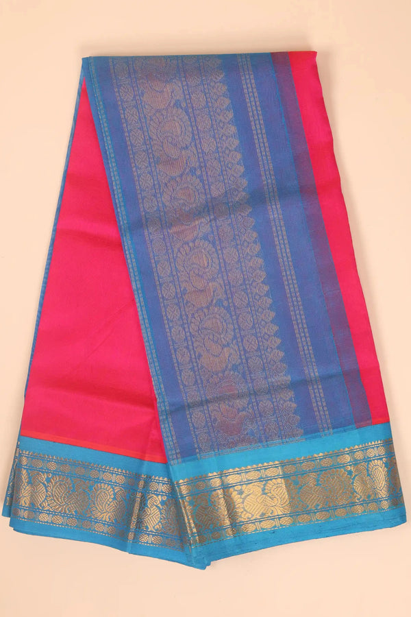 Fuschia Pink & Firozi Handloom Silk Cotton Kanchipuram saree