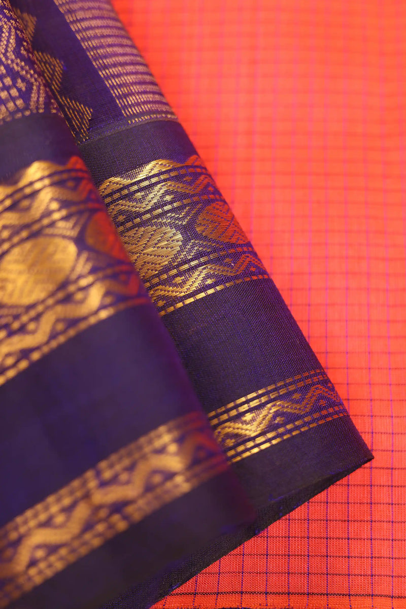 Orange-Pink Handwoven Silk Cotton Kanchipuram saree