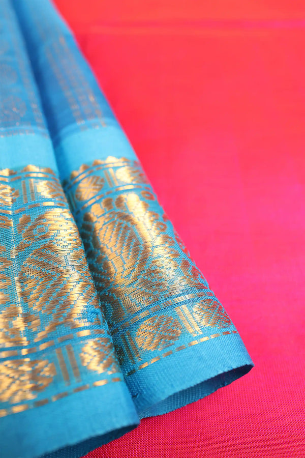 Fuschia Pink & Firozi Handloom Silk Cotton Kanchipuram saree