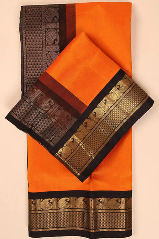 Orange & Black Handwoven Silk Cotton Kanchipuram saree