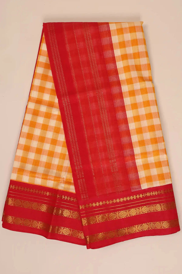 Yellow & Red Handwoven Silk Cotton Kanchipuram Saree