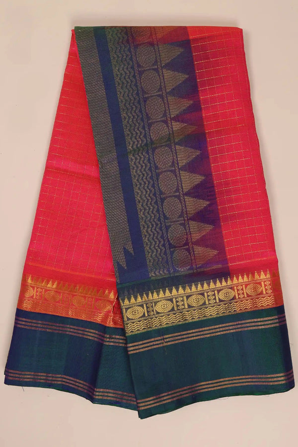 Pink & Teal green Handwoven Silk Cotton Kanchipuram saree