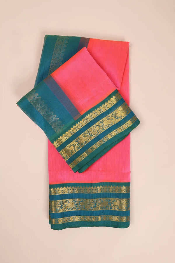 Pink & Teal green Handwoven Silk Cotton Kanchipuram saree