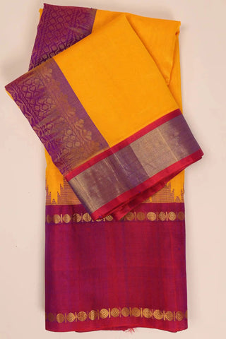 Yellow & Purple Handwoven Silk Cotton Kanchipuram saree