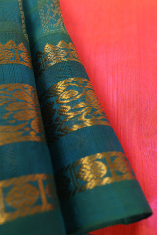 Pink & Teal green Handwoven Silk Cotton Kanchipuram saree