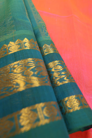 Pink & Teal green Handwoven Silk Cotton Kanchipuram saree