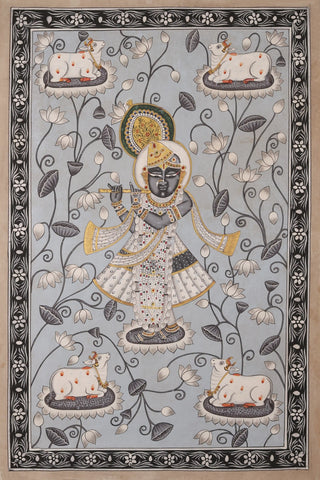 Hand-painted Pichwai Painting of Lord Shrinathji with Kamdhenu (Made to Order)