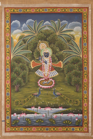 Hand-painted Pichwai Painting of Lord Shrinathji with Peacocks (Made to Order)