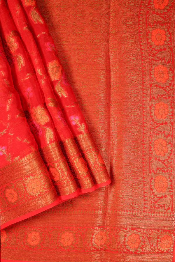 Floral Banarasi Georgette Saree with Red base