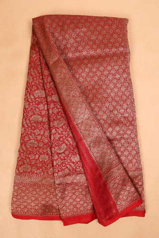 Maroon-Red Banarasi Pure Silk Saree with Antique Zari